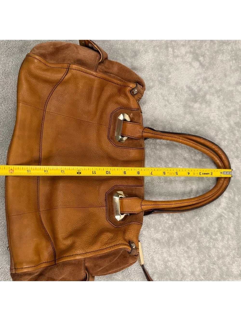 B Makowsky Leather Suede Satchel Handbag Brown Cognac Gold Hardware Tote